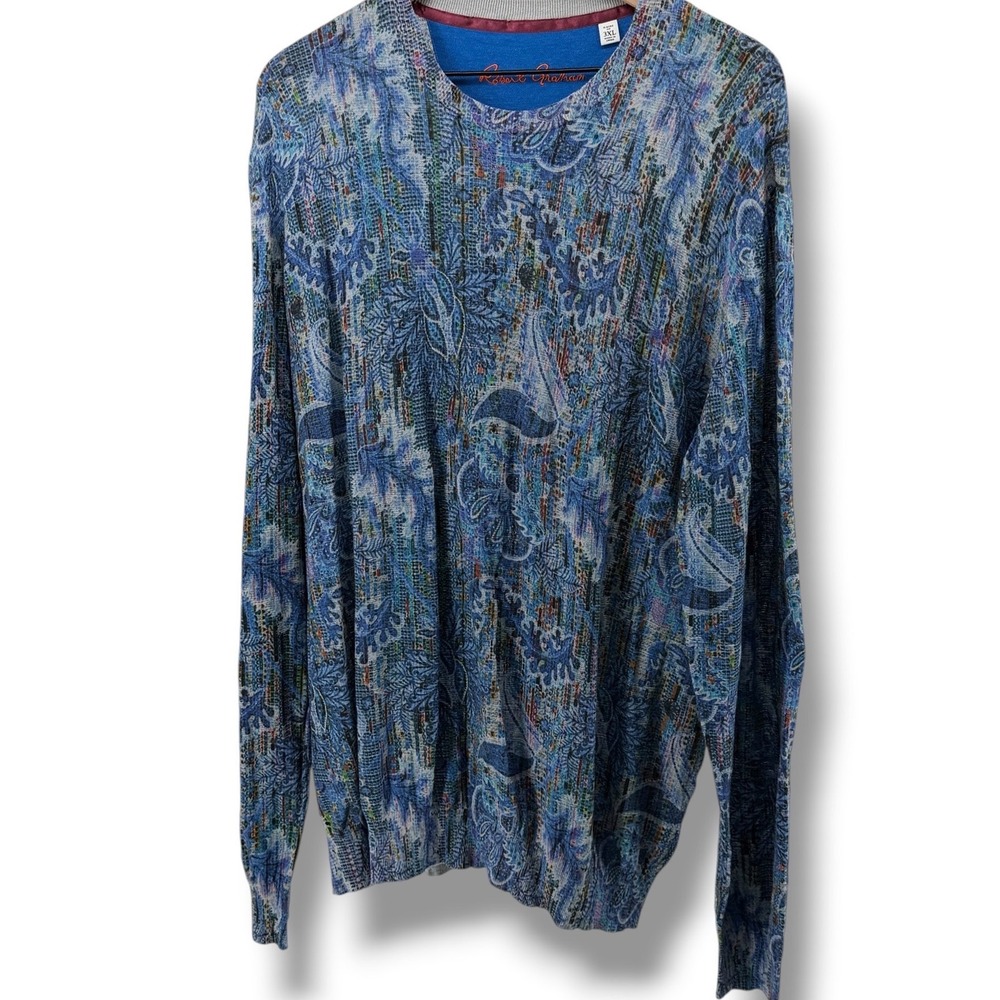 Robert Graham Sweater Mens 3XL Blue Paisley Linen Cotton Classic Fit Crew Neck